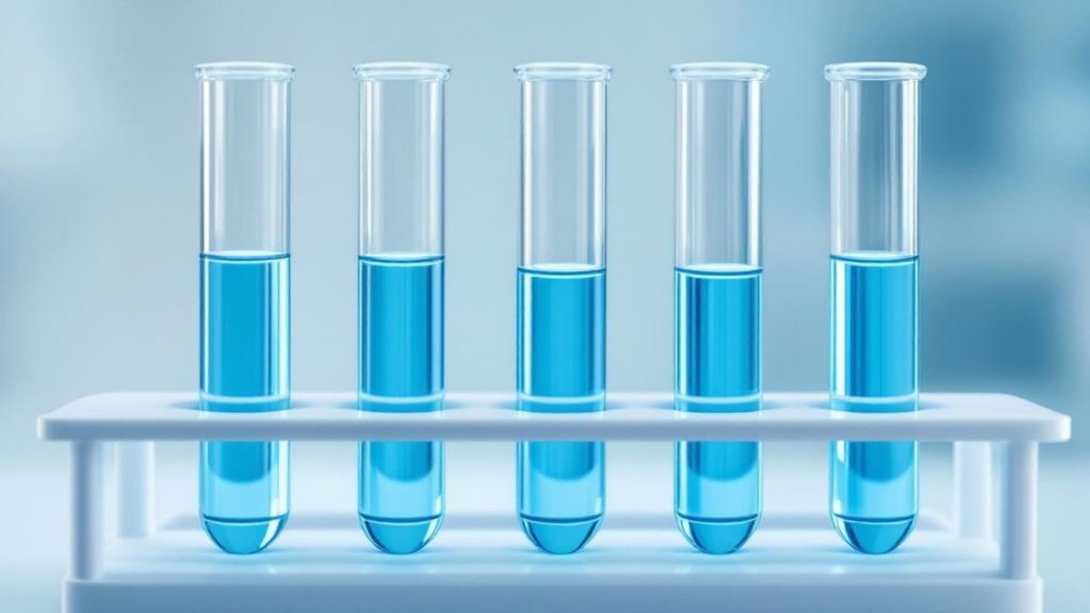 Glass test tubes in laboratory rack filled with clear blue liquid — risk probability